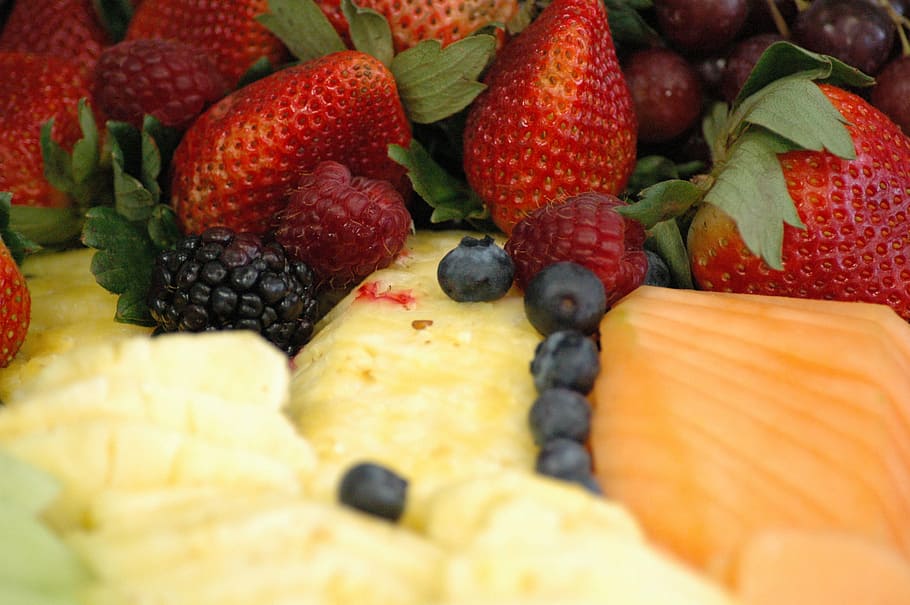 fruits, assorted, fresh, blueberries, strawberry, raspberry HD wallpaper
