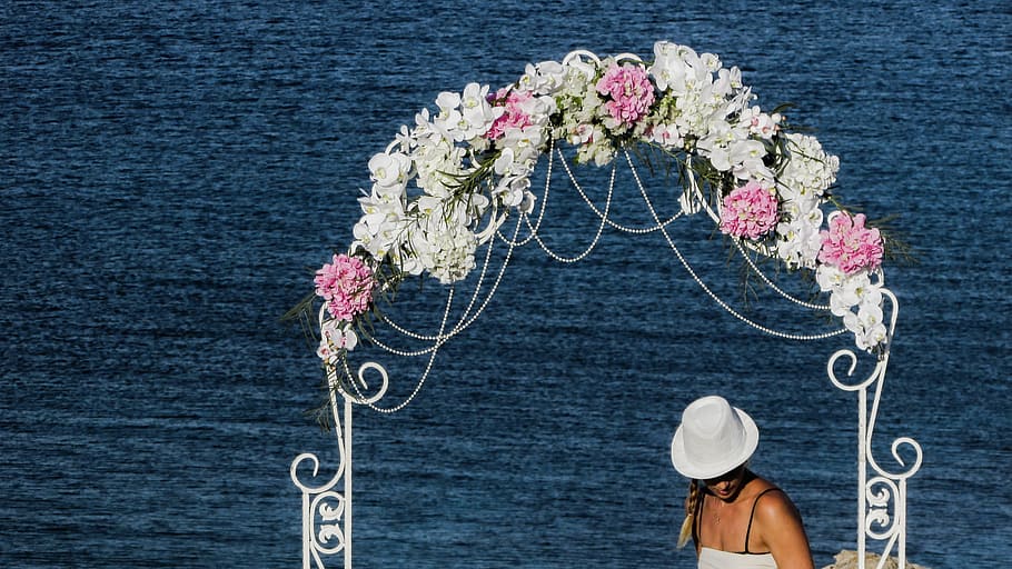 Garland, Festoon, Wedding, arch, decoration, girl, hat, flowers HD wallpaper