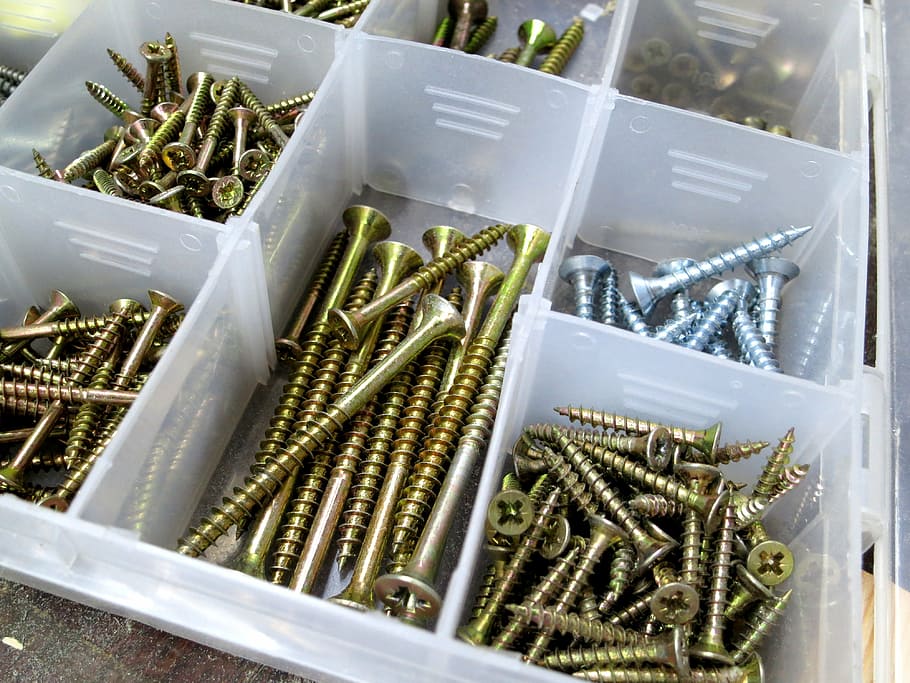 screw, wood screws, tool, construction material, screw box HD wallpaper
