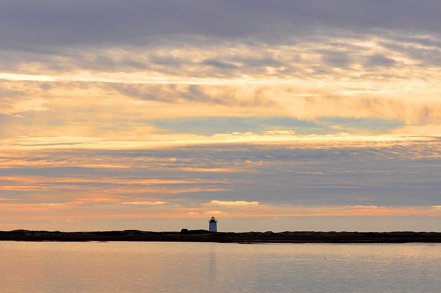 twilight, sunset, boats, ocean, cape cod, light house, east coast HD wallpaper
