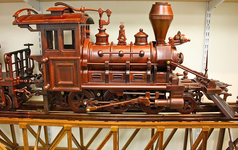 Model Train, Wooden Train, model locomotive, bridge, large scale model, HD wallpaper