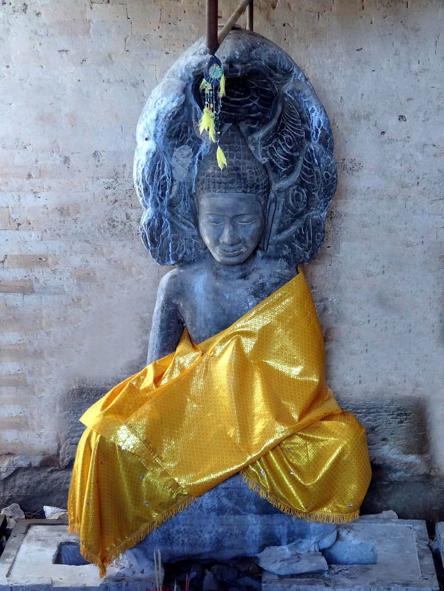 buddha, temple, cambodia, blue, yellow, sculpture, art and craft, HD wallpaper
