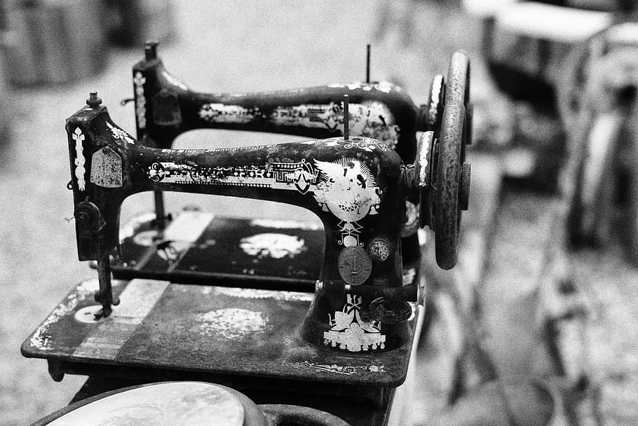 grayscale photo of two sewing machine, two black treadle sewing machines, HD wallpaper