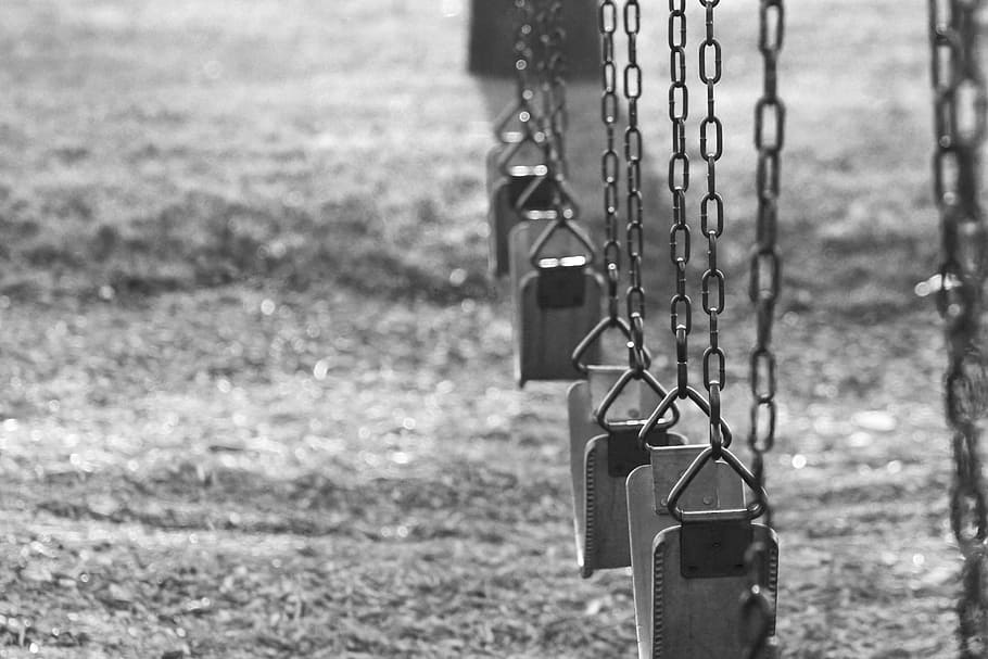 grayscale photography of swings, park, fun, playground, swinging HD wallpaper