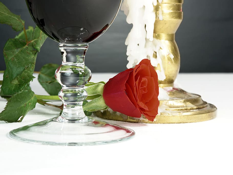 red rose near the wine glass, romantic, candle, love, flower HD wallpaper