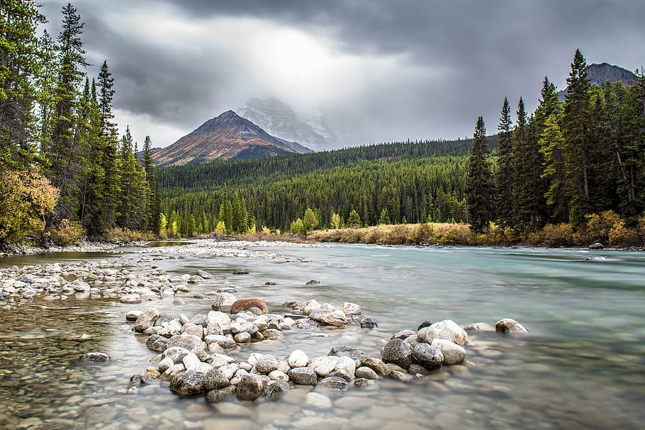 lake beside forest near mountain under cloudy sky, canada, river HD wallpaper