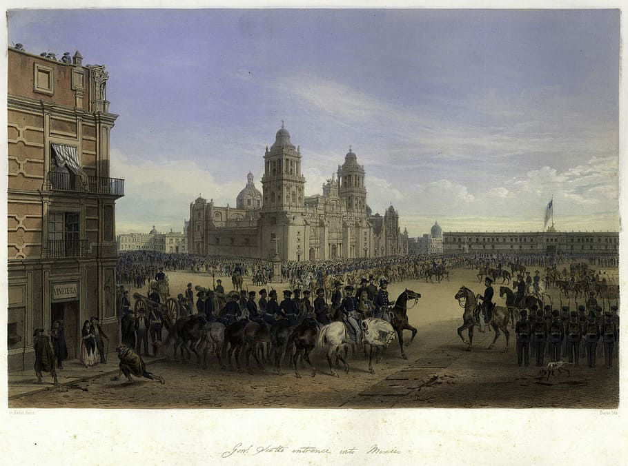General Scott's entrance into Mexico City, 1851, army, cityscape