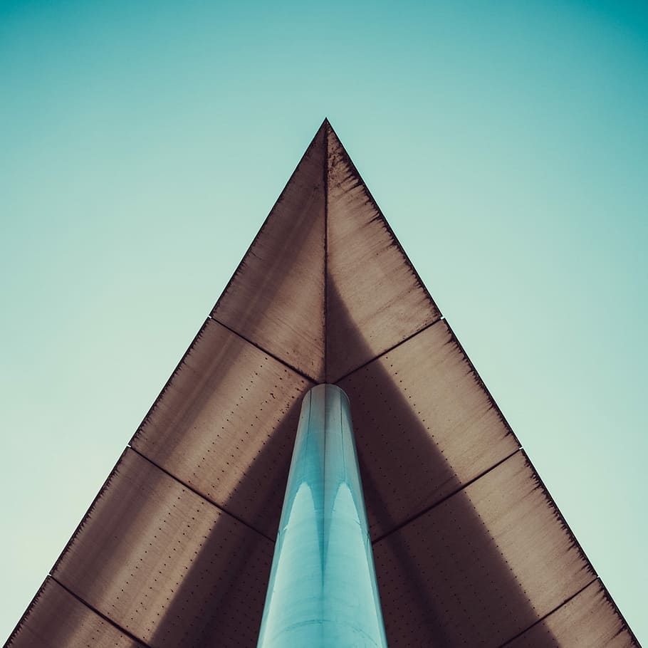 worm's eye view of building with brown roof, brown building under clear blue sky HD wallpaper
