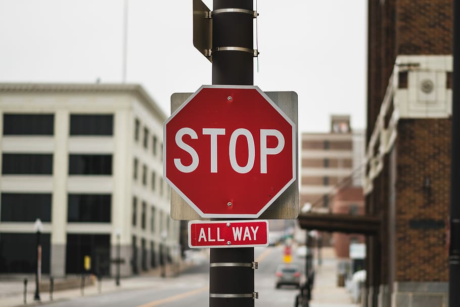 red stop sign, shallow focus photography of stop signage, city, HD wallpaper