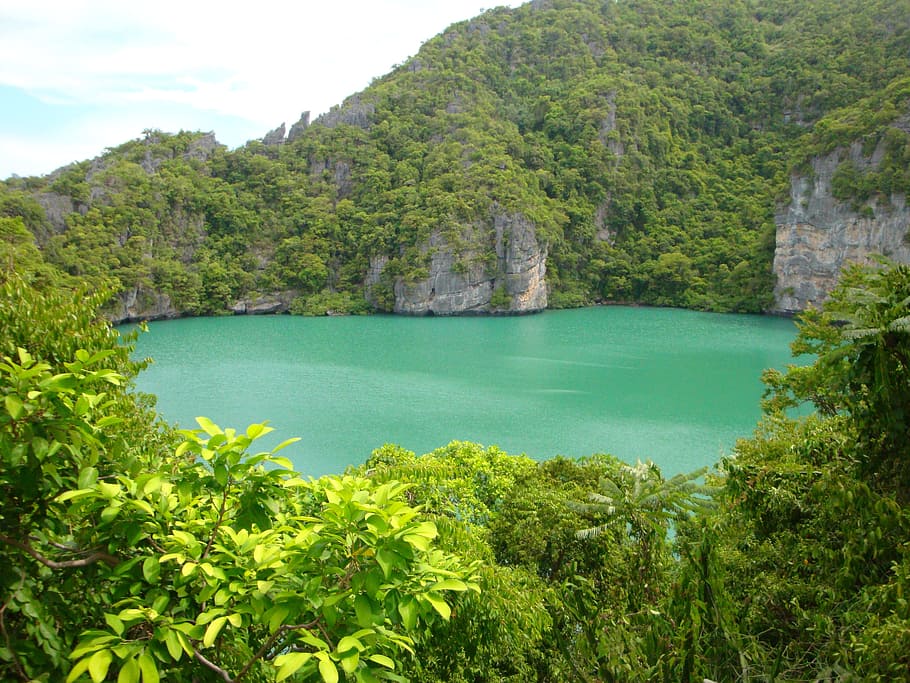 lake in middle of mountain, lagoon, sea, water, booked, summer HD wallpaper