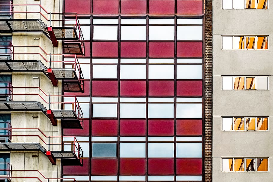 building, facade, architecture, glass, red, burgundy, modern HD wallpaper