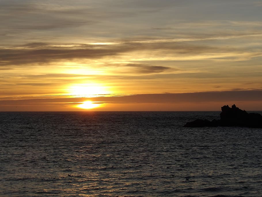 Sea, Rock, Sunset, Seaside, Nature, ocean, landscape, twilight HD wallpaper
