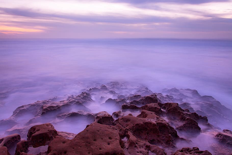 beach, clouds, coast, dawn, dusk, horizon, nature, ocean, rockyscape HD wallpaper