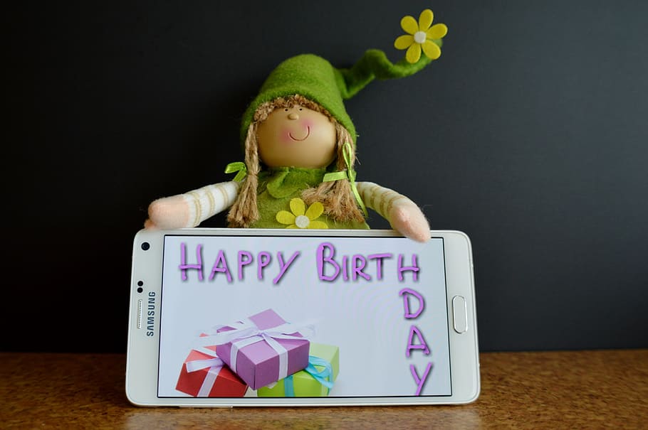 white Samsung Galaxy Android smartphone beside doll, happy birthday, HD wallpaper