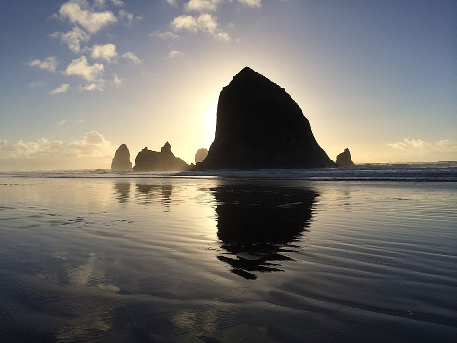rock formation placed on body of water, oregon, haystack, ocean HD wallpaper