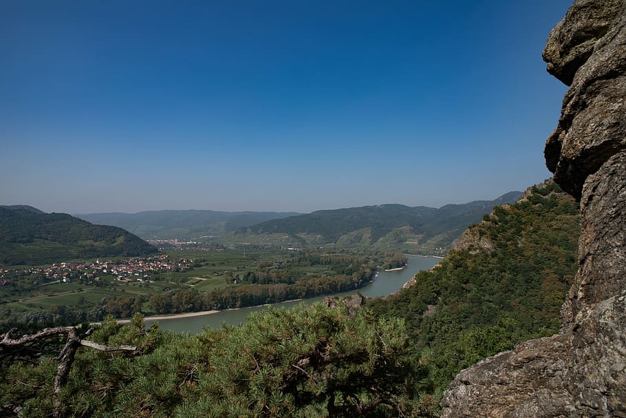 landscape, river, nature, sky, forest, danube, wachau, mountain HD wallpaper