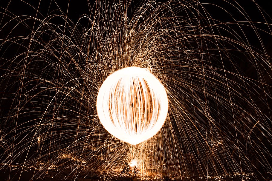 photo of steel wall, orb, fire, spin, ball, light, burn, yellow HD wallpaper