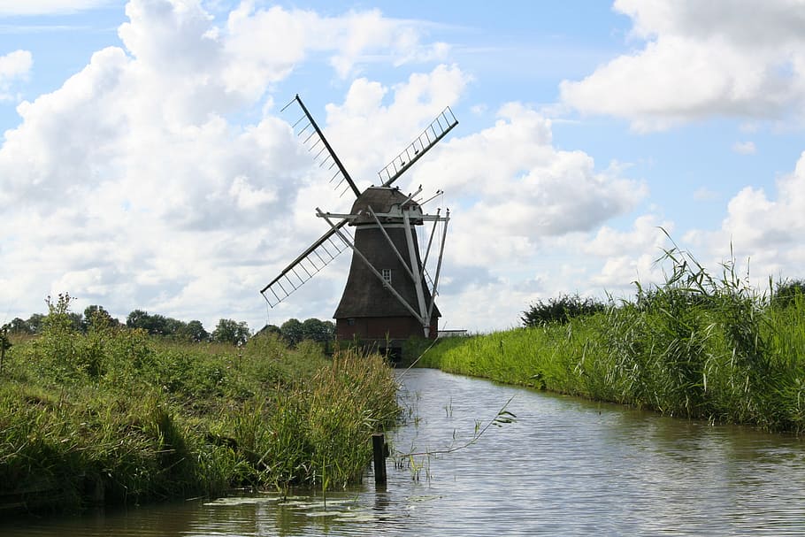 mill, locks, groningen, netherlands, river, old, milestone HD wallpaper