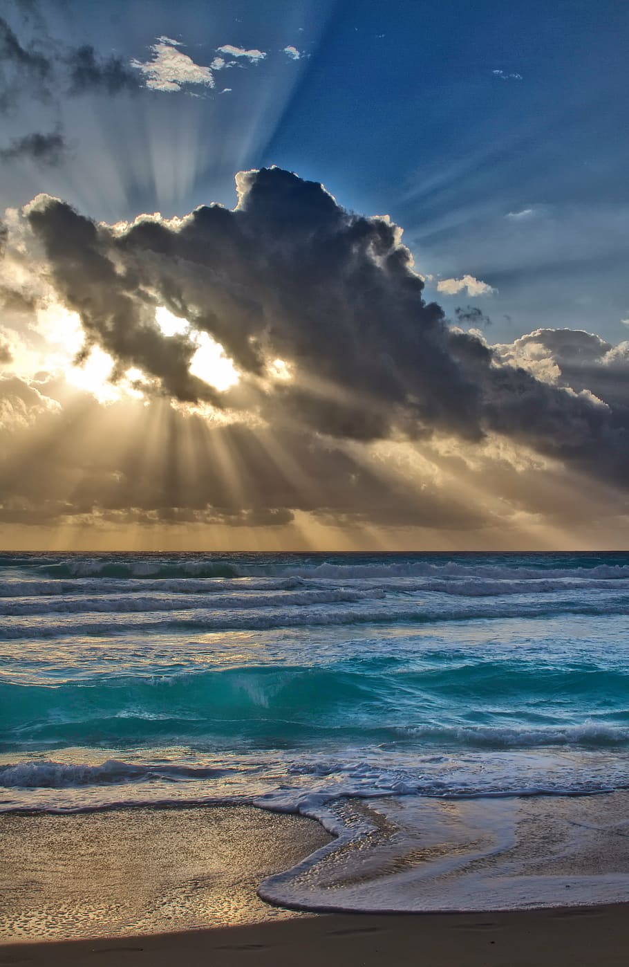 seashore under mid-cloudy sky, landscape, sun, beach, sunrise, HD wallpaper