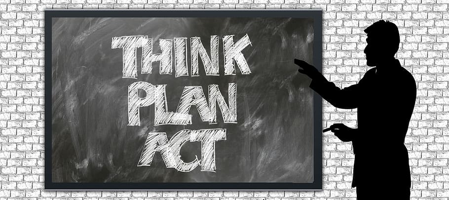 black board showing think palan act, Businessman, Thoughts HD wallpaper
