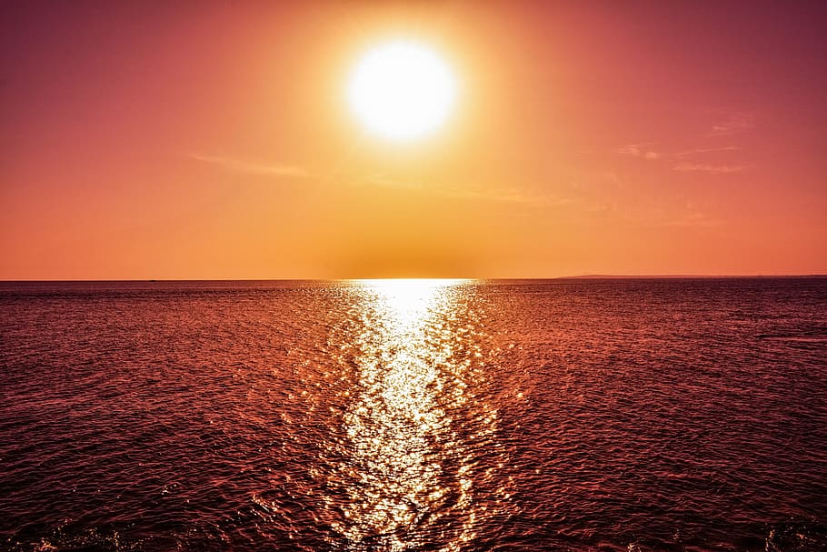 sunset, sea, horizon, reflection, sunlight, dusk, sunshine, HD wallpaper
