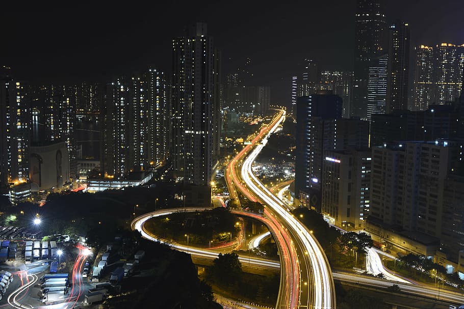 time lapse photography of road near buildings during night time, HD wallpaper