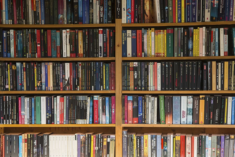 book lot at bookshelf, paperback, used books, read, literature, HD wallpaper