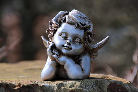 gray steel cherub mini figure on brown rock, angel, consolation HD wallpaper