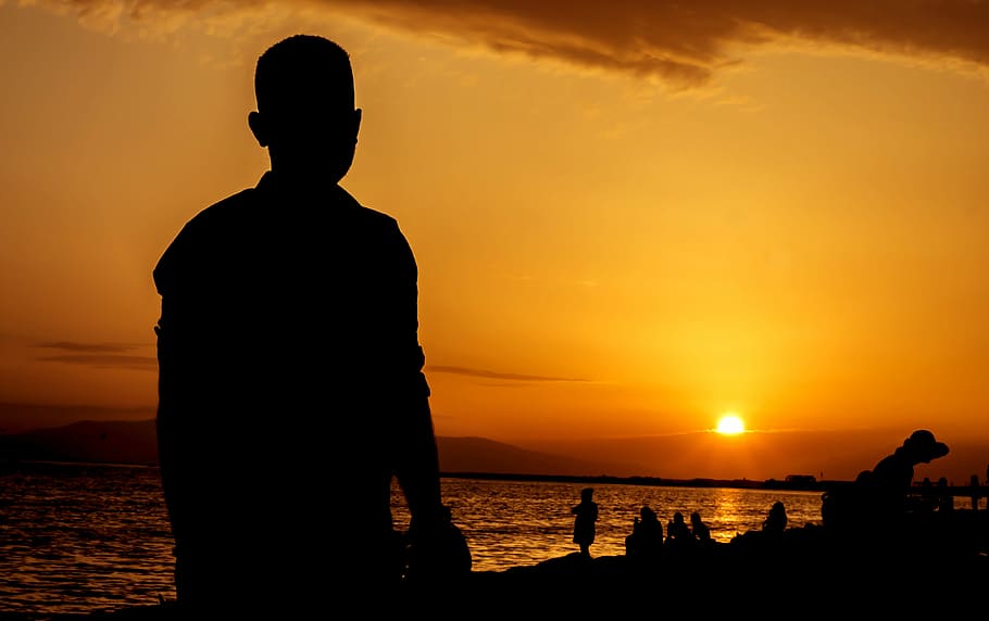silhouette, sunset, red, solar, day, male, cloud, landscape HD wallpaper