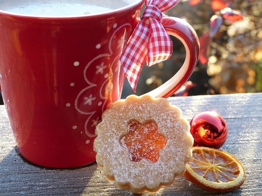 red ceramic mug beside cracker, cup, coffee, milk, chocolate, HD wallpaper