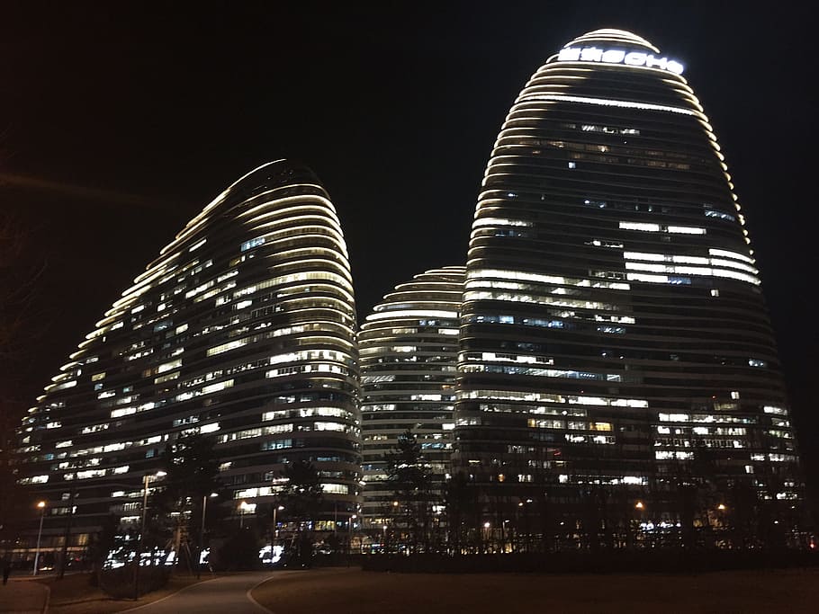 China, Beijing, Soho, night, skyscraper, illuminated, building exterior HD wallpaper