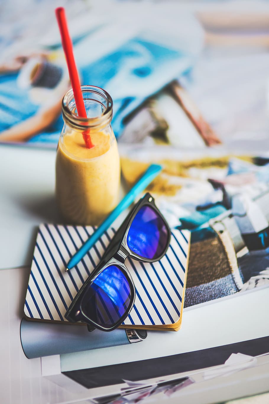 blue wayfarer sunglasses beside clear glass bottle, black, white HD wallpaper