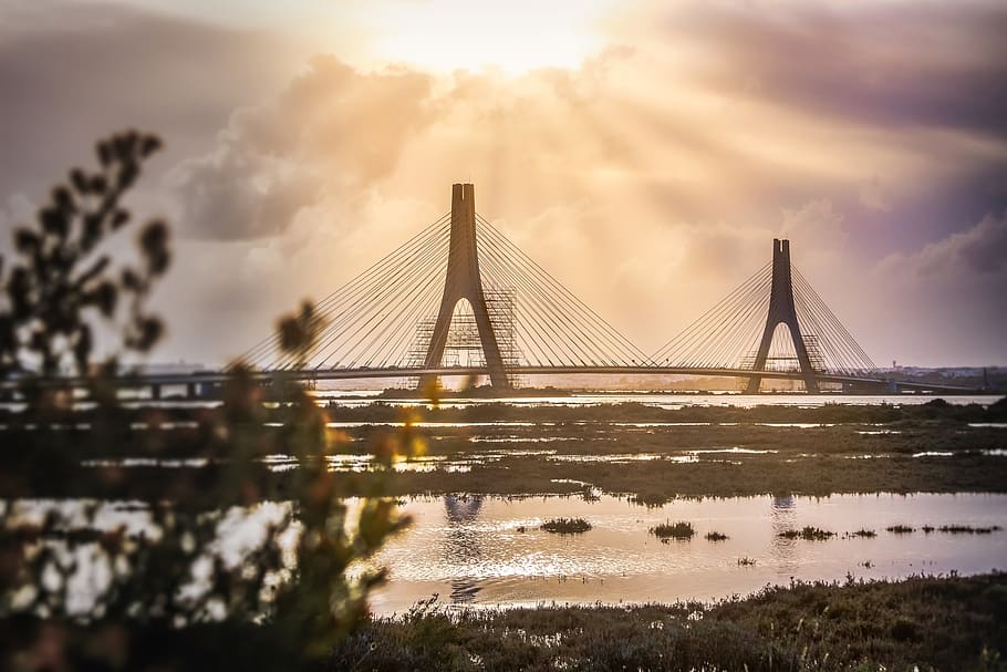 bridge, sun, cloudy, construction, water, sunset, dawn, travel HD wallpaper
