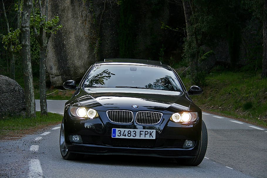 black BMW E92 coupe on gray asphalted road, car, auto, technology HD wallpaper
