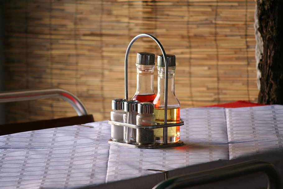spice bottles on rack beside bamboo window blinds, Dinner, Terrace HD wallpaper