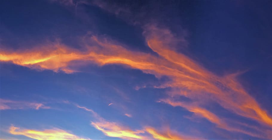 at dusk, evening, blue sky, rosy cloud, autumn, vivid, orange, HD wallpaper