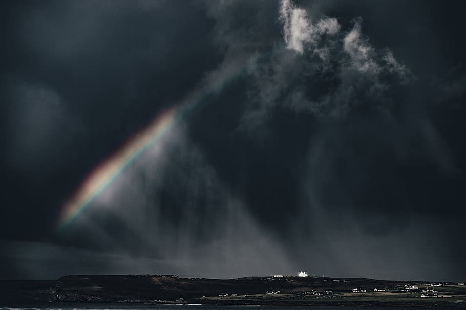 sky, clouds, rainbow, nature, house, highland, sea, water, ocean HD wallpaper
