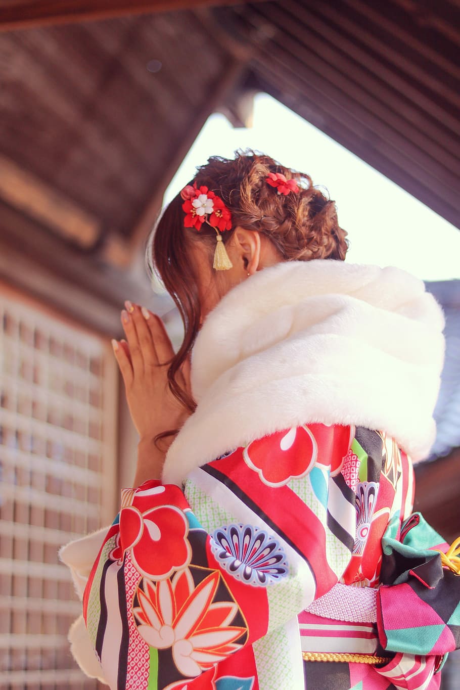 woman in red white blue and pink kimono, women, people, females HD wallpaper