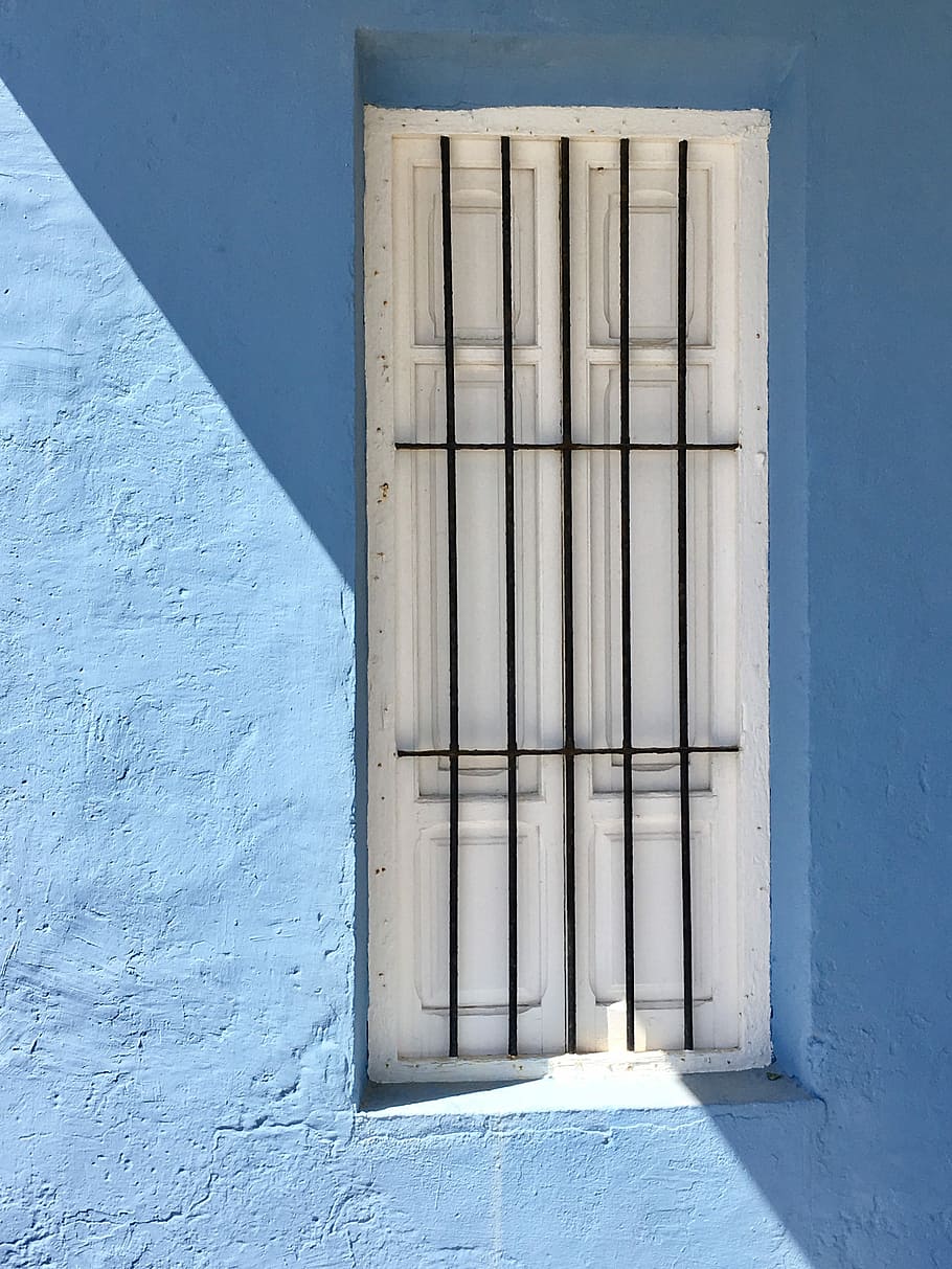 Door, Bars, Construction, Sea, blue, old door, coastal, spain HD wallpaper