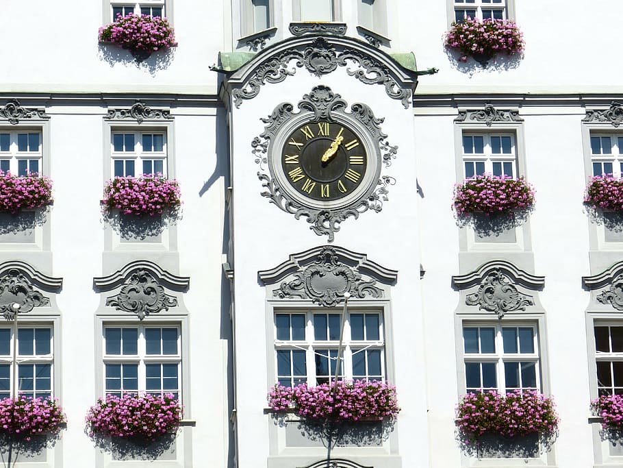 clock, time of, window, facade, town hall, renaissance town hall HD wallpaper