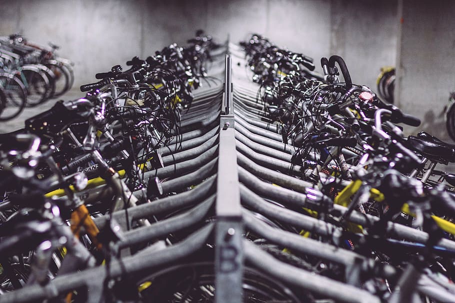 grayscale photo of bicycles, bikes, bike racks, in A Row, selective focus, HD wallpaper