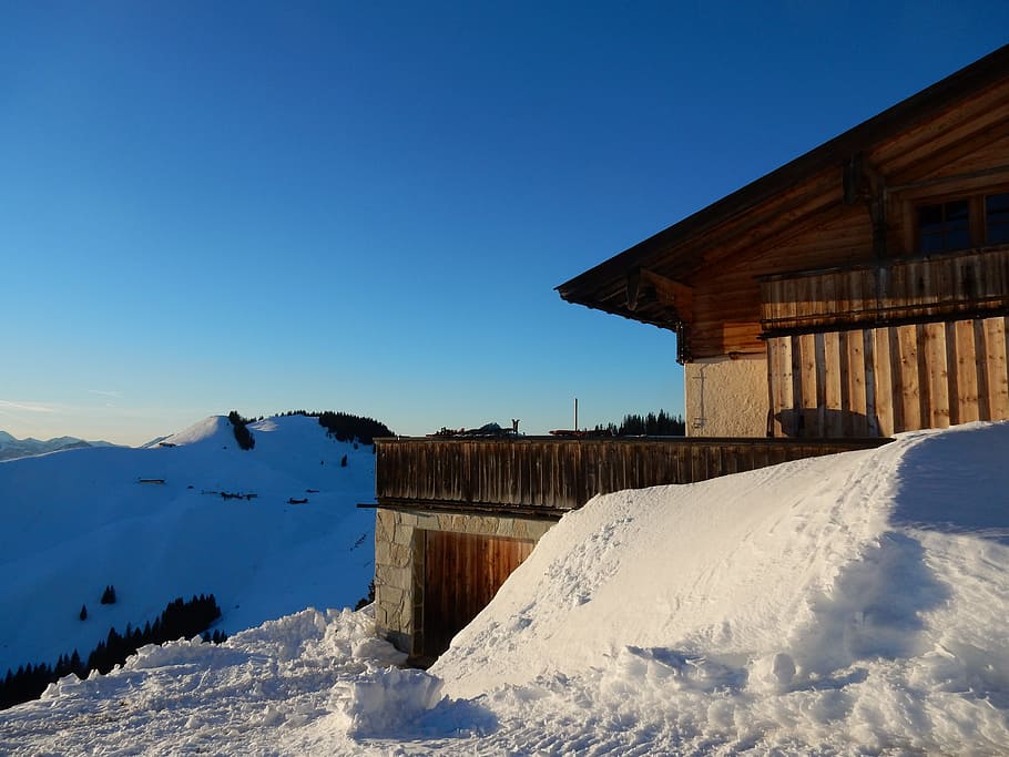 Alm, Mountains, Winter, Snow, Austria, mountain hut, alpine HD wallpaper