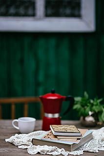 Stack of organizers and red italian coffee maker, vintage, notebook HD wallpaper
