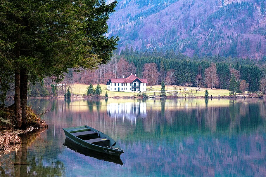 lake, reflection, waters, nature, tree, plant, waterfront, architecture HD wallpaper