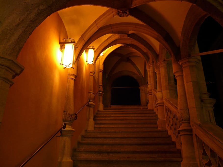 white concrete stairs with wall lamps, emergence, input, vault HD wallpaper