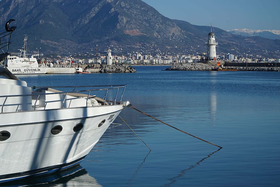 boat, marine, water, reflection, sunset, landscape, port, turkey HD wallpaper