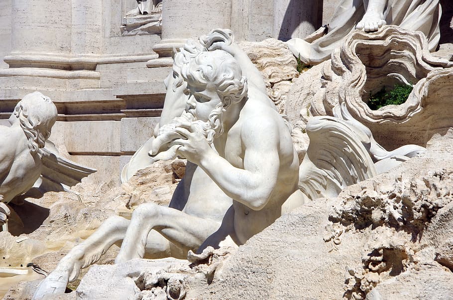 person riding horse statue, Italy, Rome, Trevi Fountain, water
