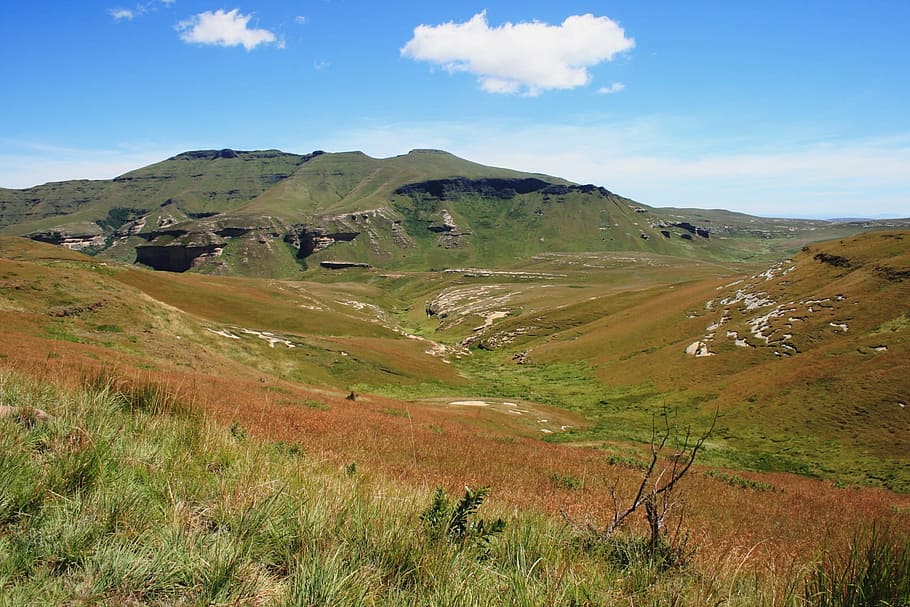 Mountain, Sloping Sides Mountain, rust green veld, grass, white cloud sky HD wallpaper