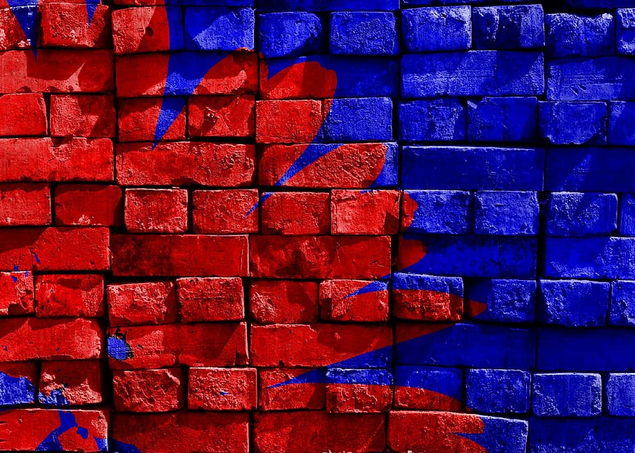 blue and red concrete wall, painted, brick, artwork, decoration HD wallpaper