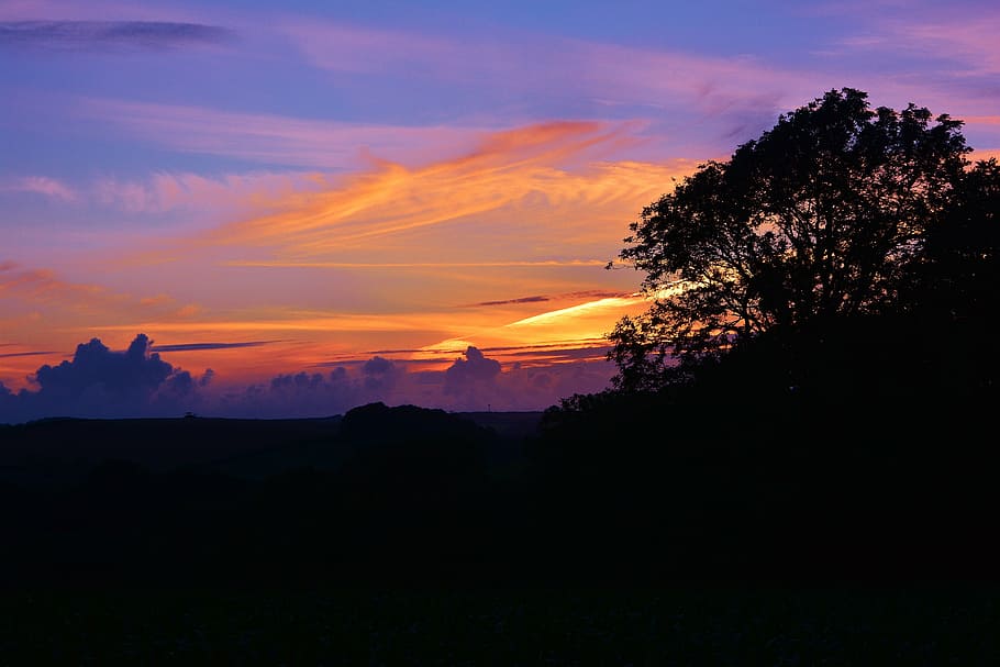 silhouette of mountain during sunset, trees, nature, sky, landscape HD wallpaper